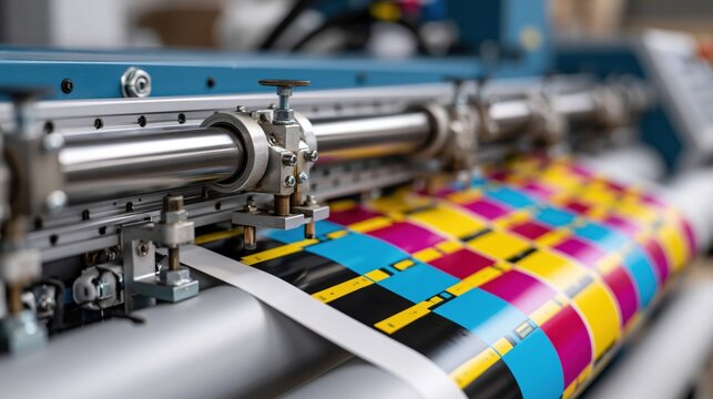 Close-up of an industrial wide-format printer outputting CMYK color test patterns