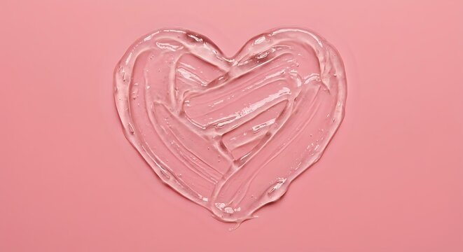 Transparent cosmetic gel smeared in heart shape on pastel pink background, skincare product texture concept for beauty and wellness.