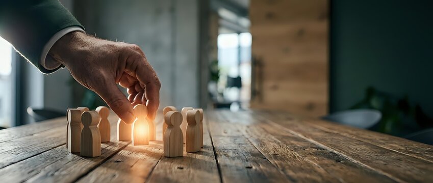 Professional businessman hand selecting glowing wooden figure from group on rustic table, representing leadership choice and human resources management.