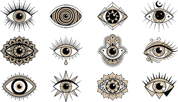 Mystical Evil Eye and Esoteric Symbol Vector Set Featuring Bohemian Celestial Icons, Hamsa Hand, Third Eye, Mandala Patterns, and Sacred Geometry Designs