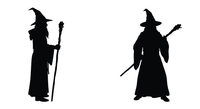 two wizards with staffs and pointed hats in black silhouette