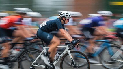 Fototapeta premium Cyclist in motion blur, racing with determination, speed and athletic focus on road