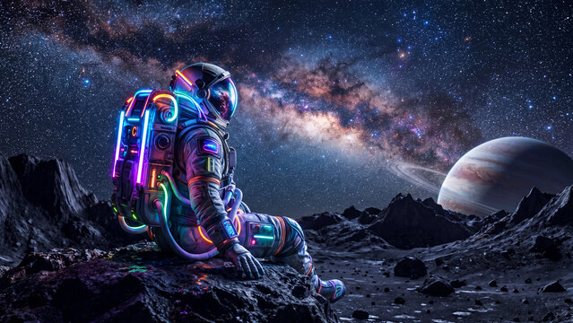 Astronaut with neon glowing suit sitting on a rocky planet looking at galaxy