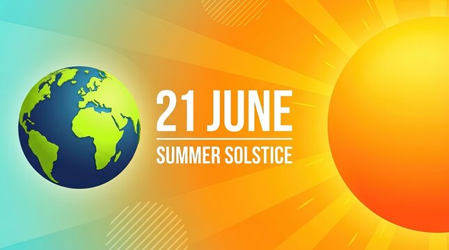 Sun and Earth illustration with summer solstice date and sun rays