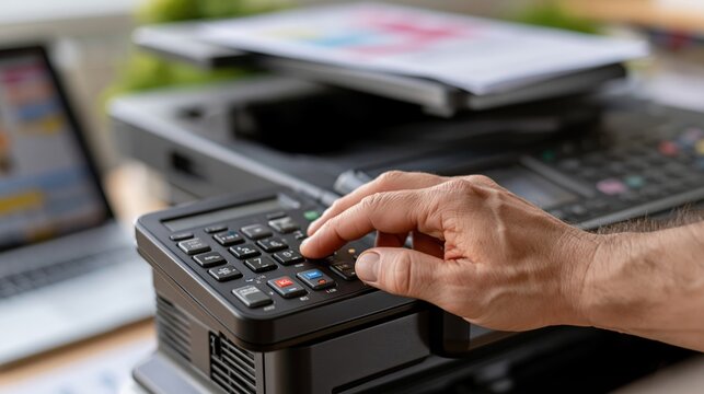 Close-up of a hand pressing buttons on a multifunction printer control panel