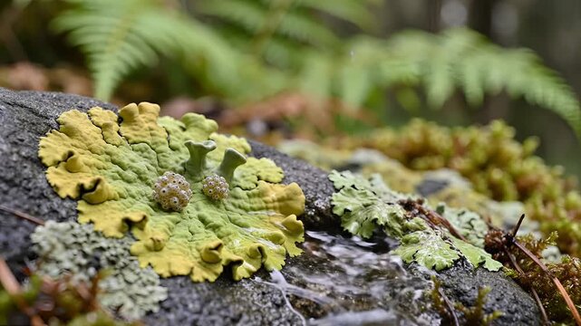 Closeup of vibrant lichen on a mossy rock with water droplet.