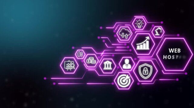 Web Hosting business and technology icons concept. Modern Technology, Internet and social media icons on drank background. 4K video animation