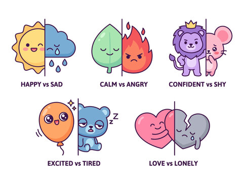 Cute cartoon characters showing contrasting emotions and states