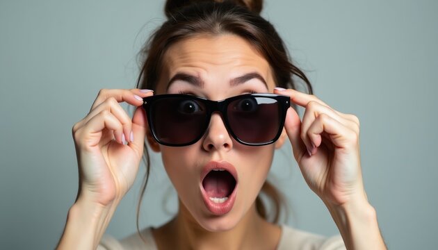 Woman pulls down stylish sunglasses revealing wide eyes and open mouth in shock. Her face shows a comical surprised expression. She has a bob haircut and wears subtle makeup.