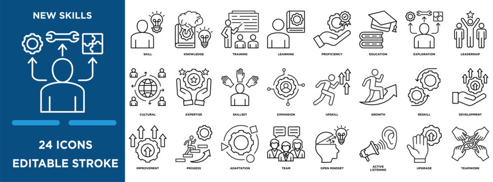 New skills icon collection set. Containing designskill, exploration, training, learning, improvement, and expertise icon. simple line vector editable	