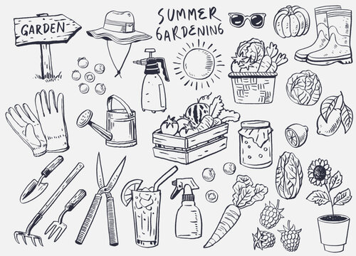 Set Collection of Hand Drawn Object of Gardening