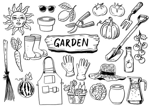 Set of Hand Drawn Doodle Style Gardening Object