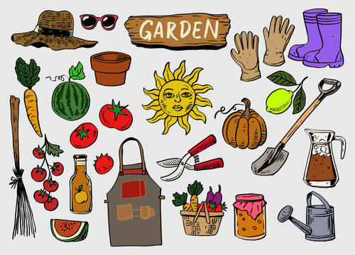 Set Vintage Imperfect Illustration of Gardening