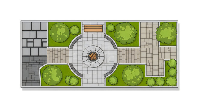 Circular fire pit patio design illustration showing stone paving circular layout and wooden benches.