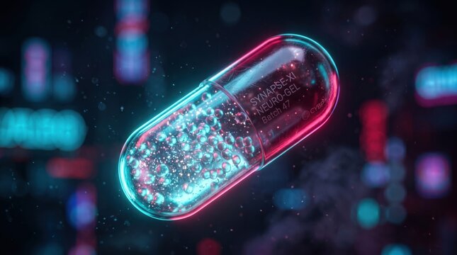 Futuristic Pharmaceutical Capsule: A glowing, transparent pharmaceutical capsule floats in a neon-lit digital space, filled with effervescent particles.