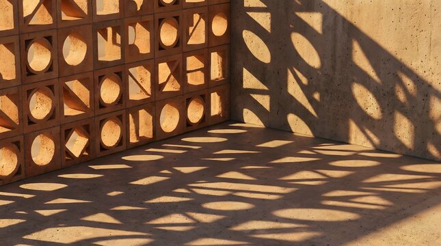 Modern terracotta breeze block wall casting geometric sunlight shadows on an exposed concrete floor