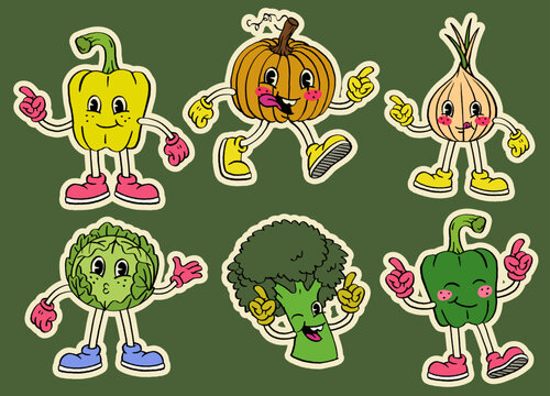 Vintage Set of Mascot Vegetable Collection in Cartoon Hand Drawn