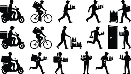 Fototapeta premium Delivery workers transporting goods in various ways isolated on white background, Vector