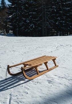 A classic wooden sled abandoned briefly atop a fresh, snow-covered hill, ready for a swift, thrilling downhill winter ride and fun ,holiday ,frosty ,fun