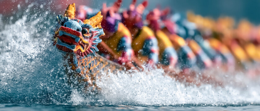 Dynamic dragon boat racing action during traditional Dragon Boat Festival with splashing water and colorful dragon head