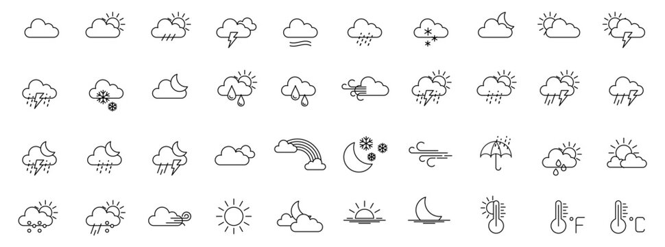 Weather icons set with clouds sun moon rain snow wind lightning and temperature symbols  various meteorological signs for forecast and climate representation