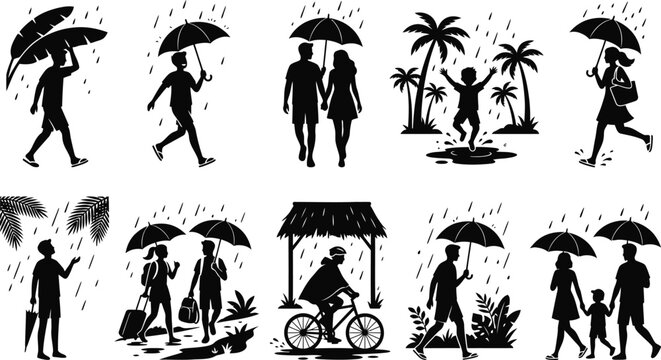 People walking with umbrellas in rain isolated on white background, Vector