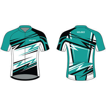 Teal cycling jersey with jagged black and white abstract design, short sleeves