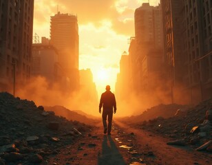 Fototapeta premium Man walks down dusty rubble path in destroyed city at sunset. Tall ruined buildings line street. Sky glows orange with hazy clouds, bright sun. Lone figure moves forward through desolate urban