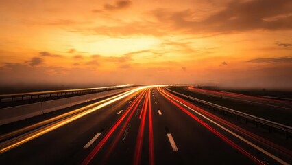 Obraz premium Long exposure highway at sunset with light trails and orange sky