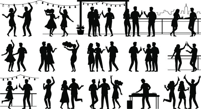 People dancing and celebrating at a party isolated on white background, Vector