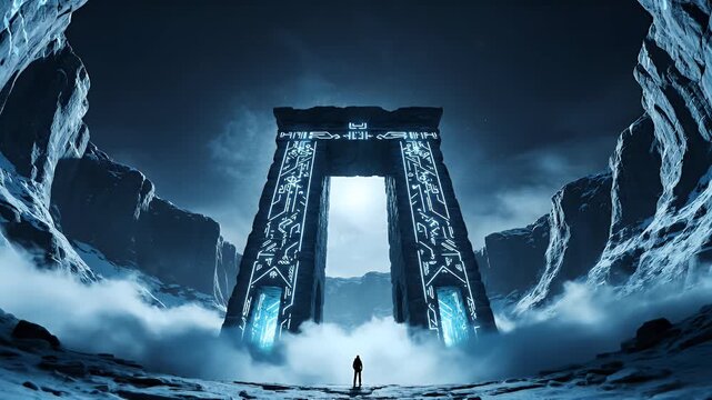 Lone explorer standing before a massive glowing runic stone gate in a snowy mountain canyon.