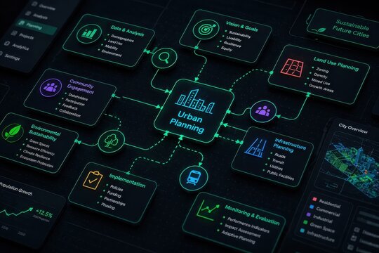 Digital Urban Planning Strategy Flowchart Diagram With Connected Nodes And Concepts
