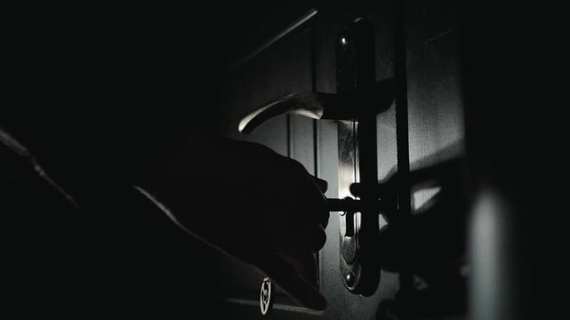 close-up of a man's hand opening the front door to a house with a key, dark entrance, side view