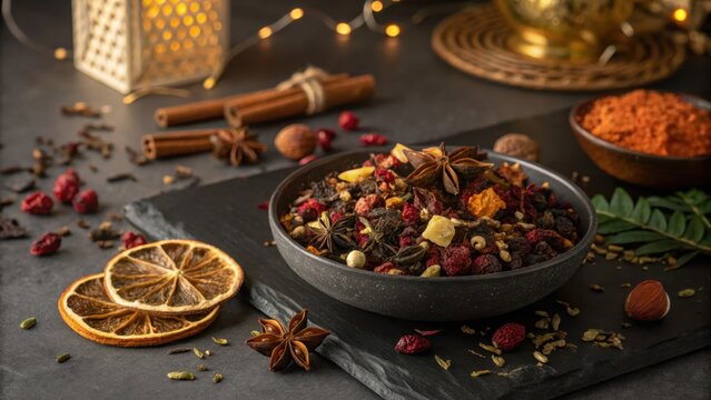 Bowl of Dried Fruit Spice and Tea Mix