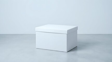Naklejka premium White cardboard box with lid on gray surface against light background for packaging mockup and product presentation needs.