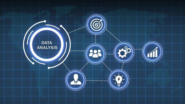 A luminous white circular infographic with the text DATANALYSIS at its center, connected by dashed lines to icons of people, a lightbulb, gears, a bar graph showing upward trend, a target