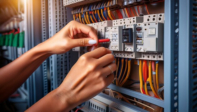 a photograph of an electrician s hands working on an electrical panel