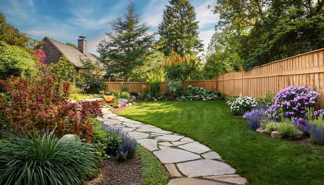 lush backyard garden with vibrant flowers lush lawn stone path and wooden fence on a sunny day