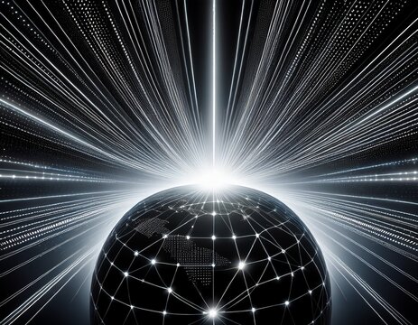 global network connection and central data processing information hub and fiber optic technology radiant white light beams bursting outward from a central black sphere