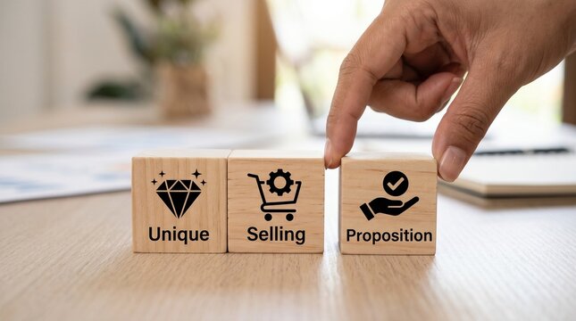 Unique Selling Proposition concept on wooden blocks, hand arranging USP marketing strategy cubes, business competitive advantage and branding