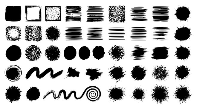 Paint brush strokes. Black vector rough edge rectangles. Grunge square frames set. Jagged edge torn paper background collection. Grungy distressed text boxes. Transparent background SVG version.