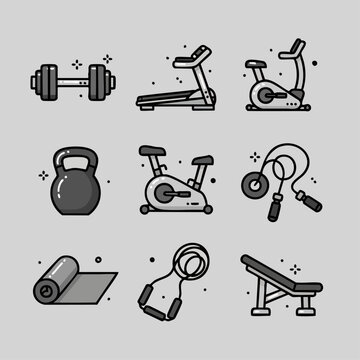 Set of gym and fitness equipment icons in flat style.