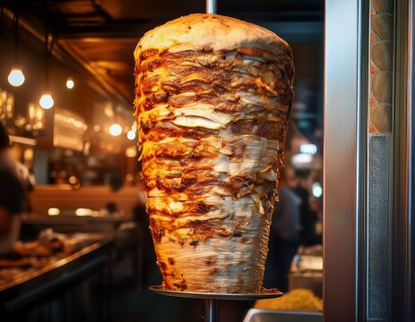 a large kebab skewer hangs in the kebab shop