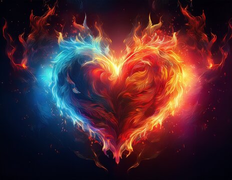 burning heart in the dark background in different colors