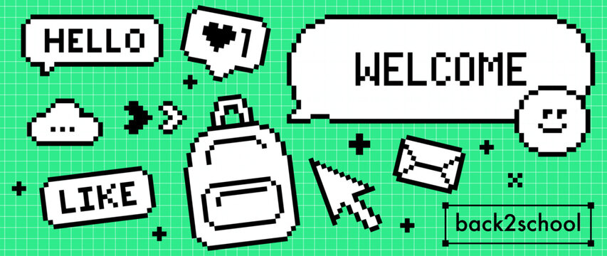 Y2K pixel messaging UI pack in retro 8-bit style. Speech bubbles, notifications, cursor, backpack, internet interaction elements on green grid background. Trendy digital design for apps, social media