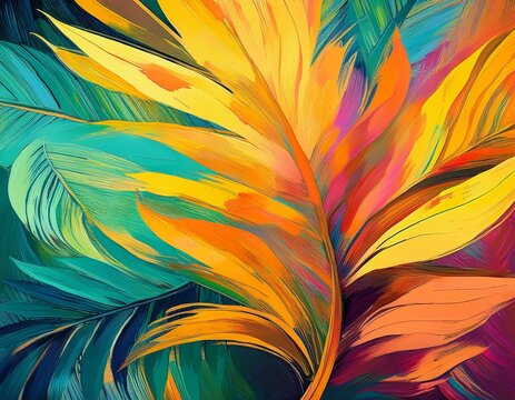 abstract tropical palm leaves expressive brushstrokes vibrant summer colors textured background artistic jungle theme