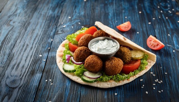 falafel vegetables and tzatziki in pitta bread on wooden table