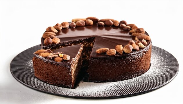 delicious chocolate cake with nuts and a slice