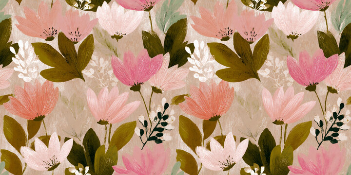 Seamless watercolor floral pattern with pink flowers and green leaves on textured background romantic textile