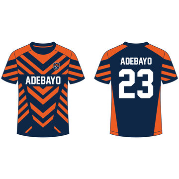 Blue and orange soccer football jersey mockup with chevron pattern and player
